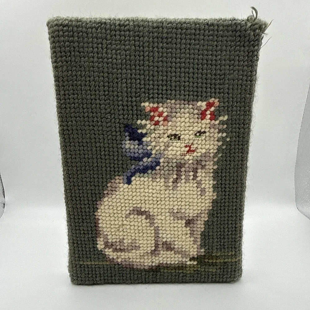 Handcrafted Needlepoint Cat Doorstop Heavy Wooden Wedge Door Holder Accent